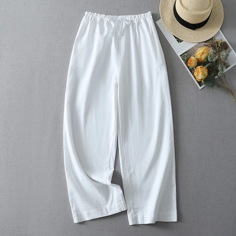 Elegant Loose Wide Leg White Pants Women's Casual Cotton Trousers Drawstring Elastic Waist Artistic Style Ageless Fashion