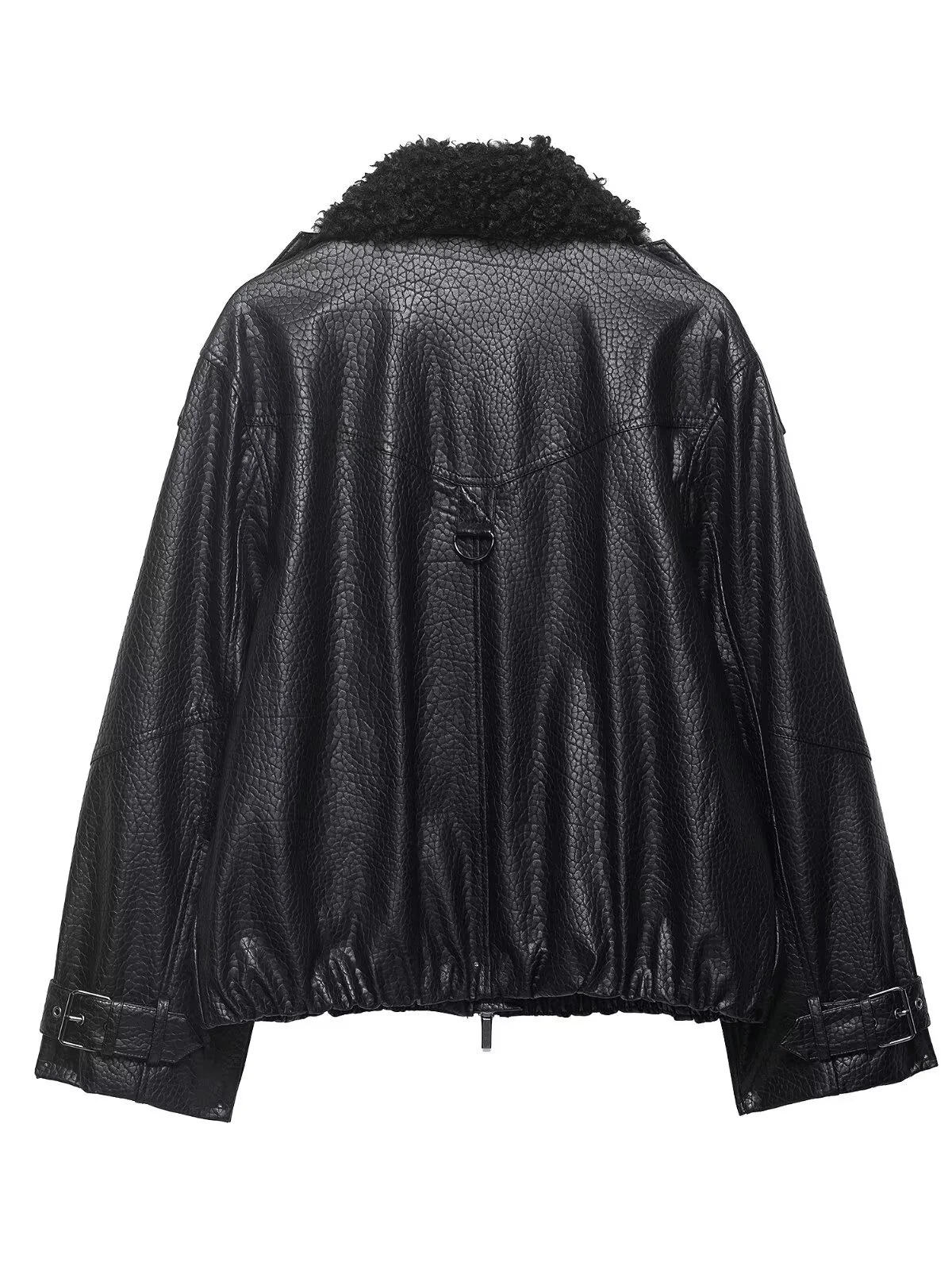 Women's Black Furry Collar Biker Pilot Jacket Coat Long Sleeve PU Leather Outerwear Spring 2026 Fashion Ladies' Coat