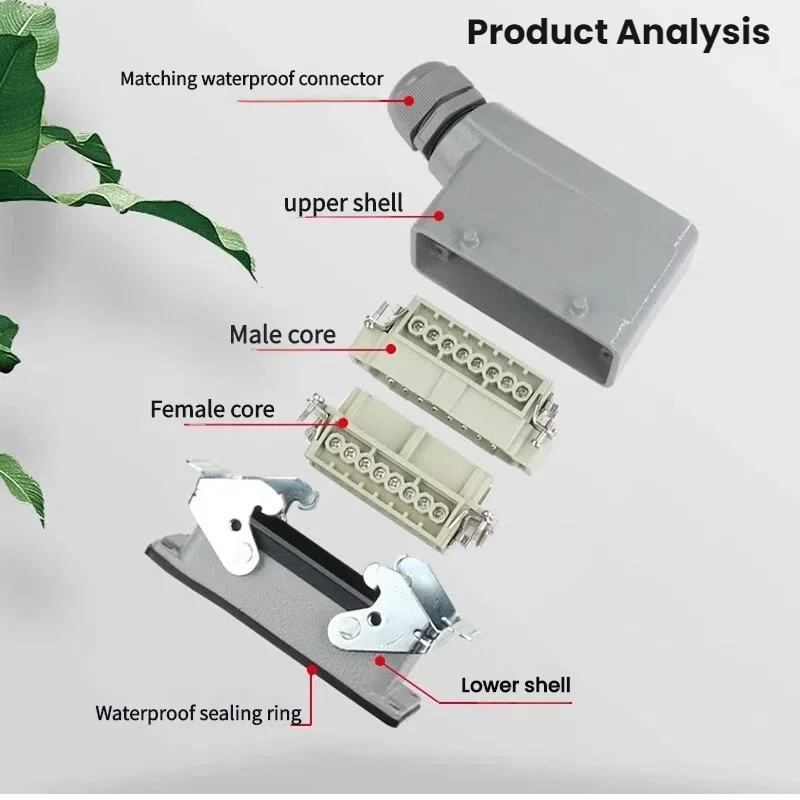 HDC-HE4 6 10 16 20 24 32 48 Core Pin 16A Rectangular Heavy Duty Connector Waterproof Aviation Plug  Top  And Side Line Connector