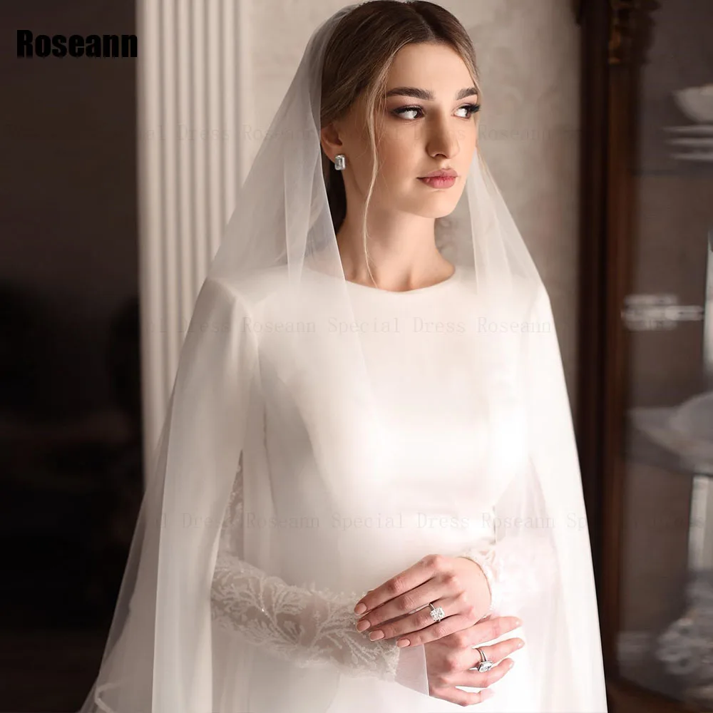 Muslim 2024 Fashion Ivory O-Neck A-line Wedding Dresses Applique Lace Full Brush Train Floor Length Bride Dress robe de mariée