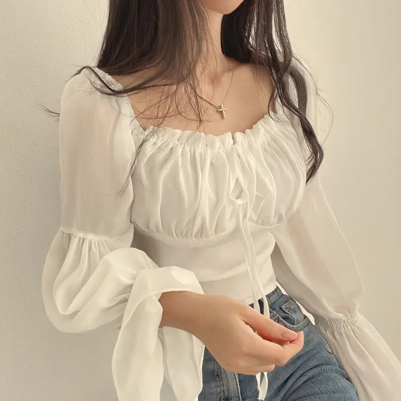 Pure Wind Snow Spinning Long Sleeve One Shoulder Tie Rope Sexy French Gentle Wind Short Shirt Women's Top Autumn New Collection