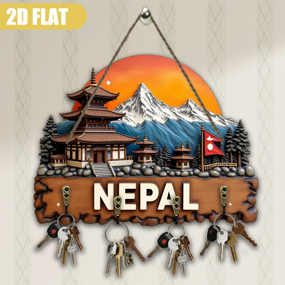 Llavero grande de pared con temática de Nepal, colgador de llaves de madera con escena del templo del Himalaya (bandera de Annapurna y Nepal) - Nepal rústico