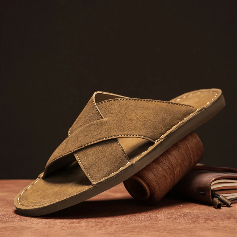 

Originality Design Leather Slippers Cowhide Open-toe Sandal Man Flat Slides Beach Summer Shoes High Quality Big Size 38-48 Male