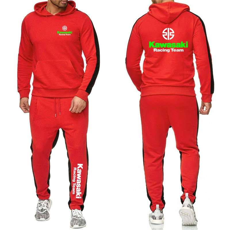 Spring Autumn Man Two-piece Set Solid Color Sets Kawasaki Motorcycle Racing Logo Print Cool Hoodies+Sports Pants Fashion Suits