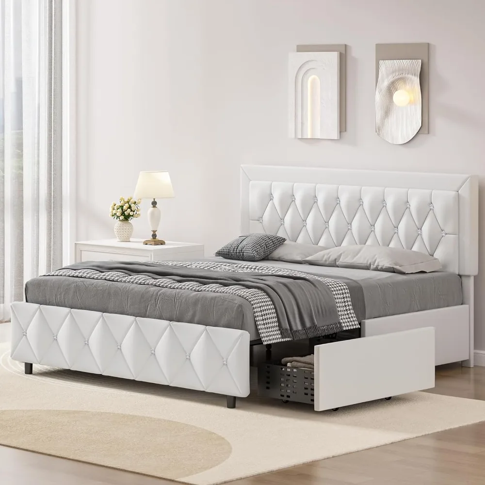 4 White Queen Bed Frame with Headboard, Modern Faux Leather Bed with 4 Drawers, Platform Bed Frame