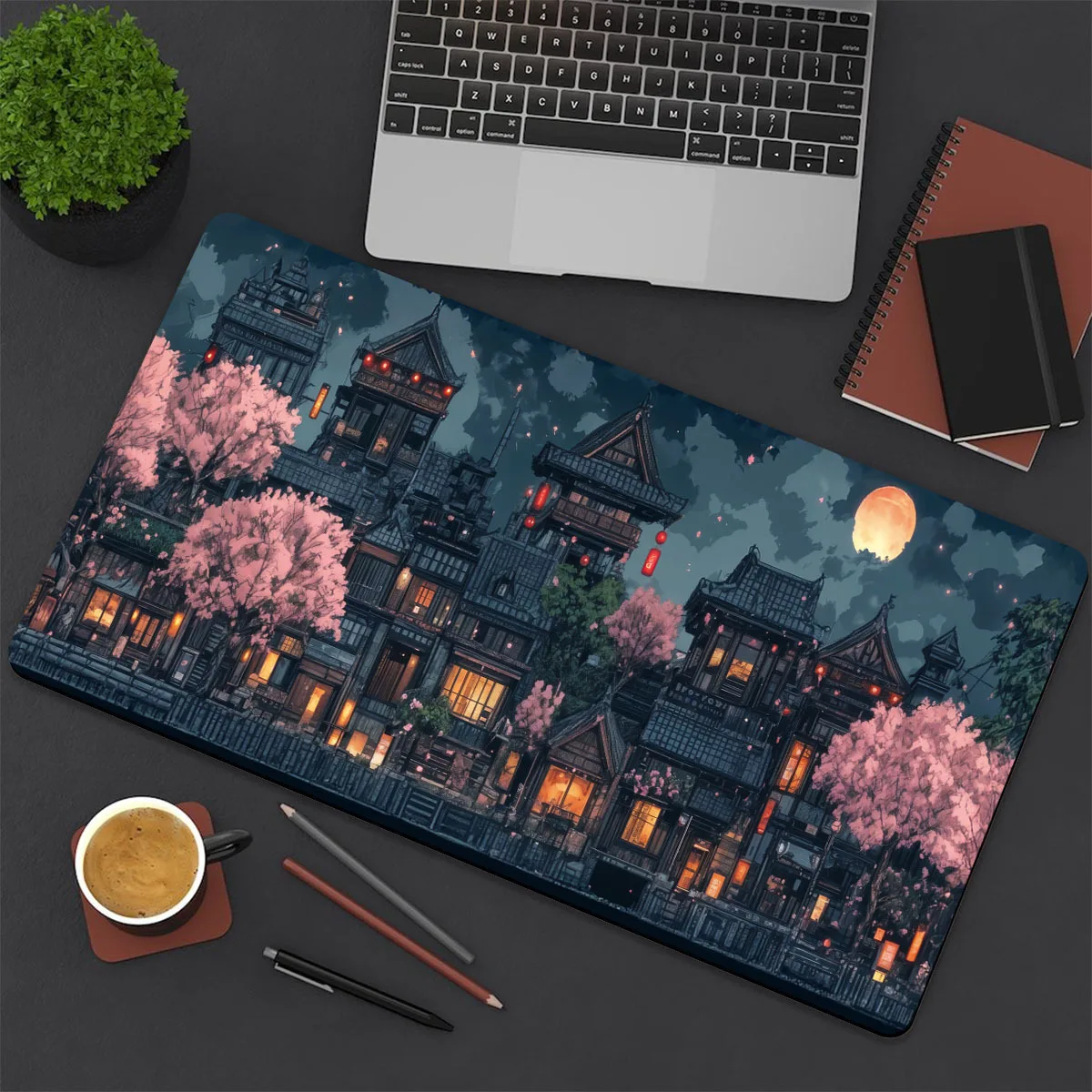 

Коврик для стола с японским аниме-дизайном «Цветущая вишня и ночная сцена» — нескользящий коврик для мыши и клавиатуры XL/XXL с резиновой основой