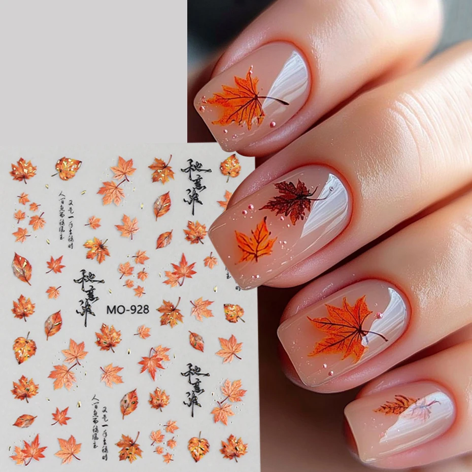2 pcs 3D Autumn Maple Leaves Nail Stickers Chinese Style Orange Yellow Falling Leaves Nail Sliders Deep Fall Leaves Nail Decor