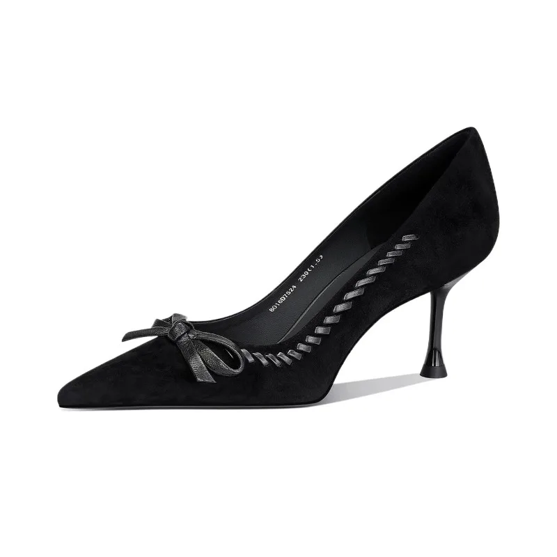 

7CM Thin Heel Shallow Mouth Bow High Heels Elegant Pointed Toe Design Women's New Black Flock Single Shoes Evening Dress Shoes