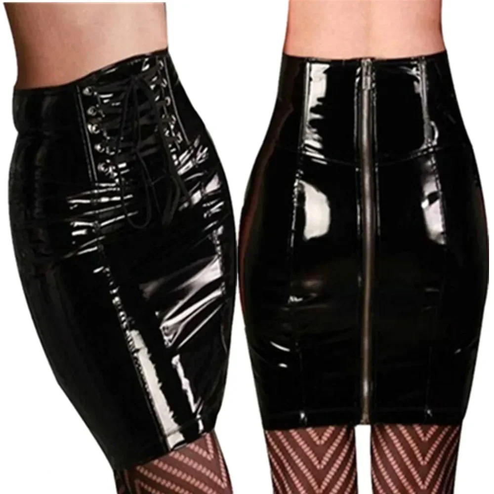 S-3XL Black High Waist Skirt Sexy Club Latex PVC Leather Pencil Skirt Lace Front Zipper Back Vinyl Shiny Bodycon Skirts