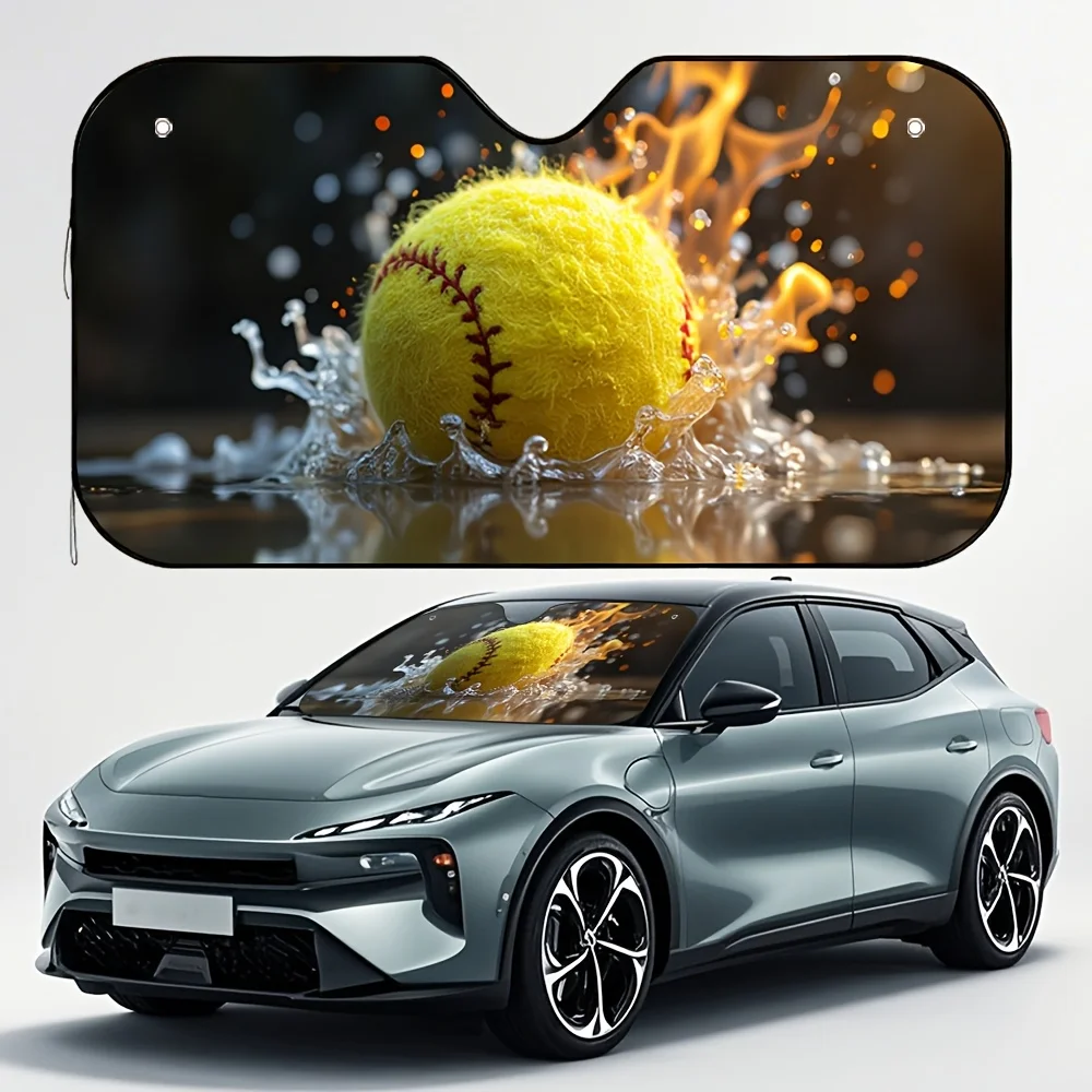 1pc Flame Baseball Car Sun Visor - Premium Sun Protection, Stylish Vehicle Accessory With Vibrant Tennis Ball & Fire Design, Ide