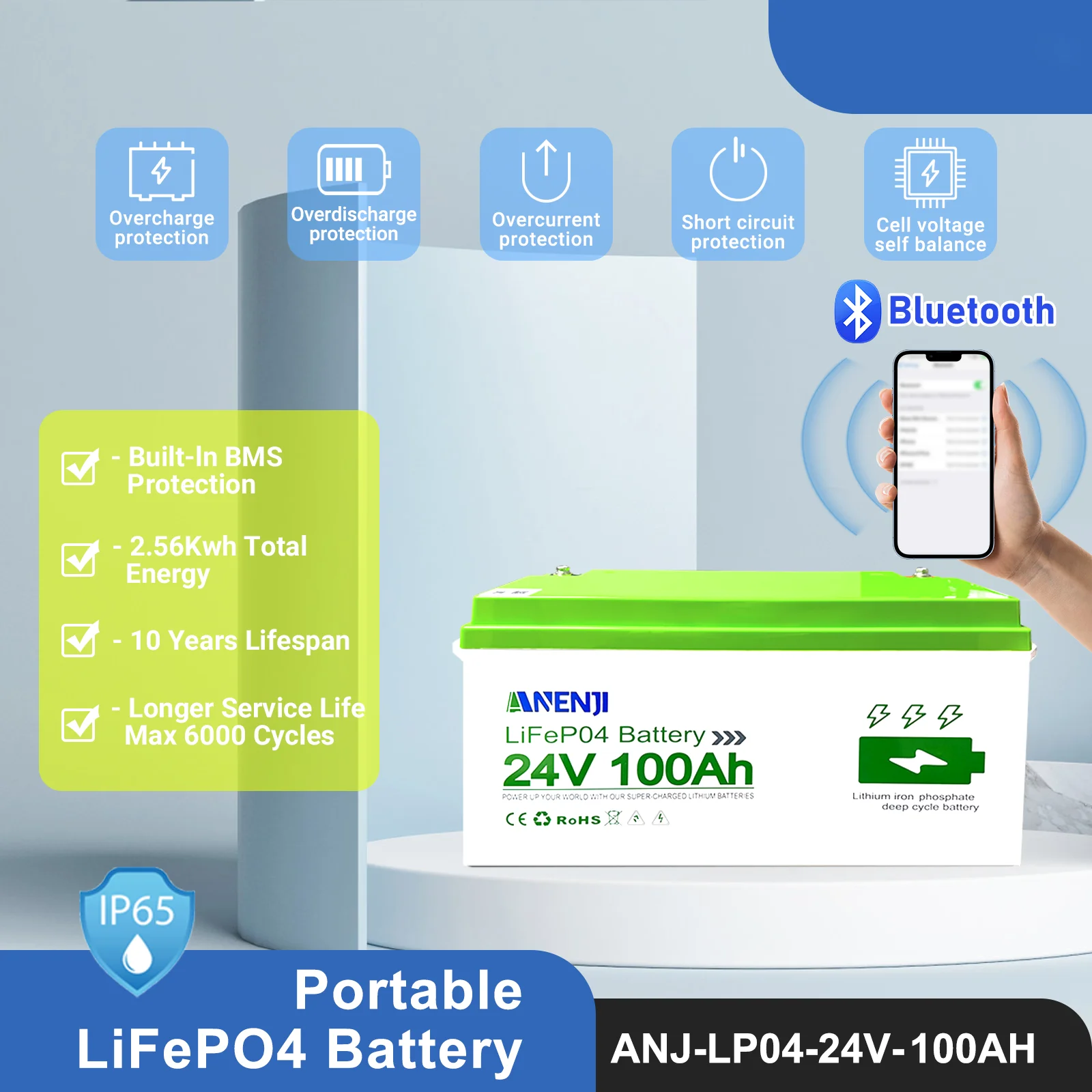 بطارية LiFePO4 25.6 فولت 100 أمبير في الساعة 24 فولت حزمة بطارية ليثيوم قابلة لإعادة الشحن 6000 + دورات مدمجة BMS خلية درجة مع تحكم بلوتوث #2