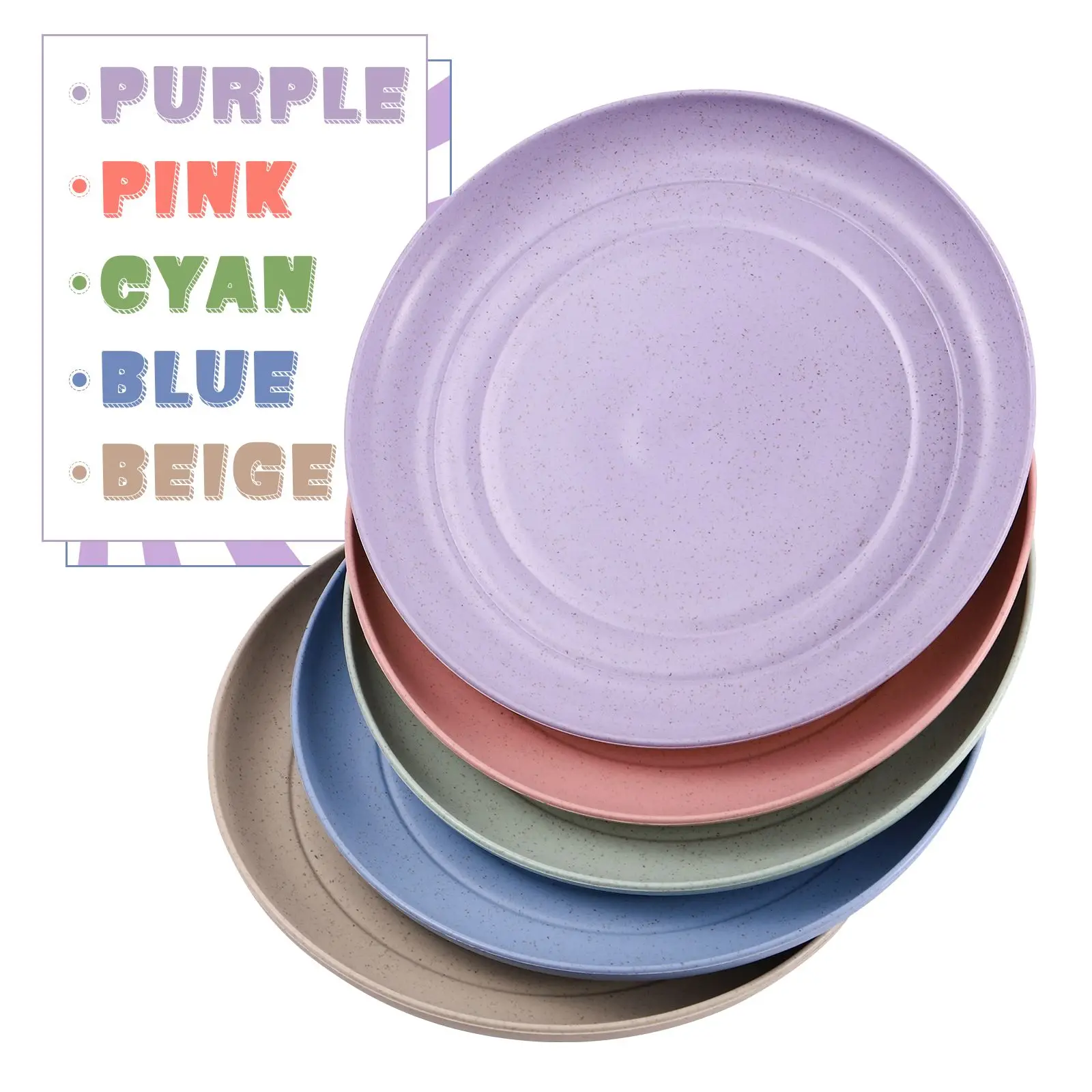 5pcs Wheat Straw Plates Reusable Baby Feeding Dishes Salad Snack Fruit Plate Picnic Dishes Unbreakable Kitchen Dinnerware