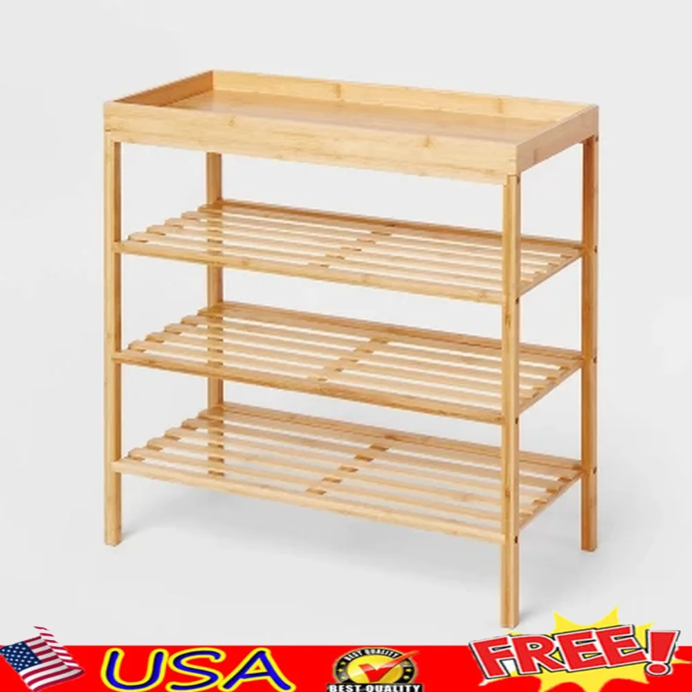 

4 Tier Bamboo Shoe Rack Freestanding Organizer Holds 12 Pairs Natural Wooden Finish Ideal Closet Entryway Storage