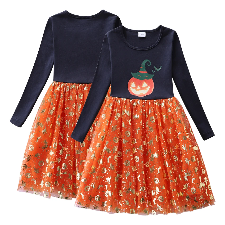 

Autumn Adorable Little Girls Halloween Gatherings Pumpkin Print Mesh Casual Dress Perfect for Seasonal Celebrations and Parties