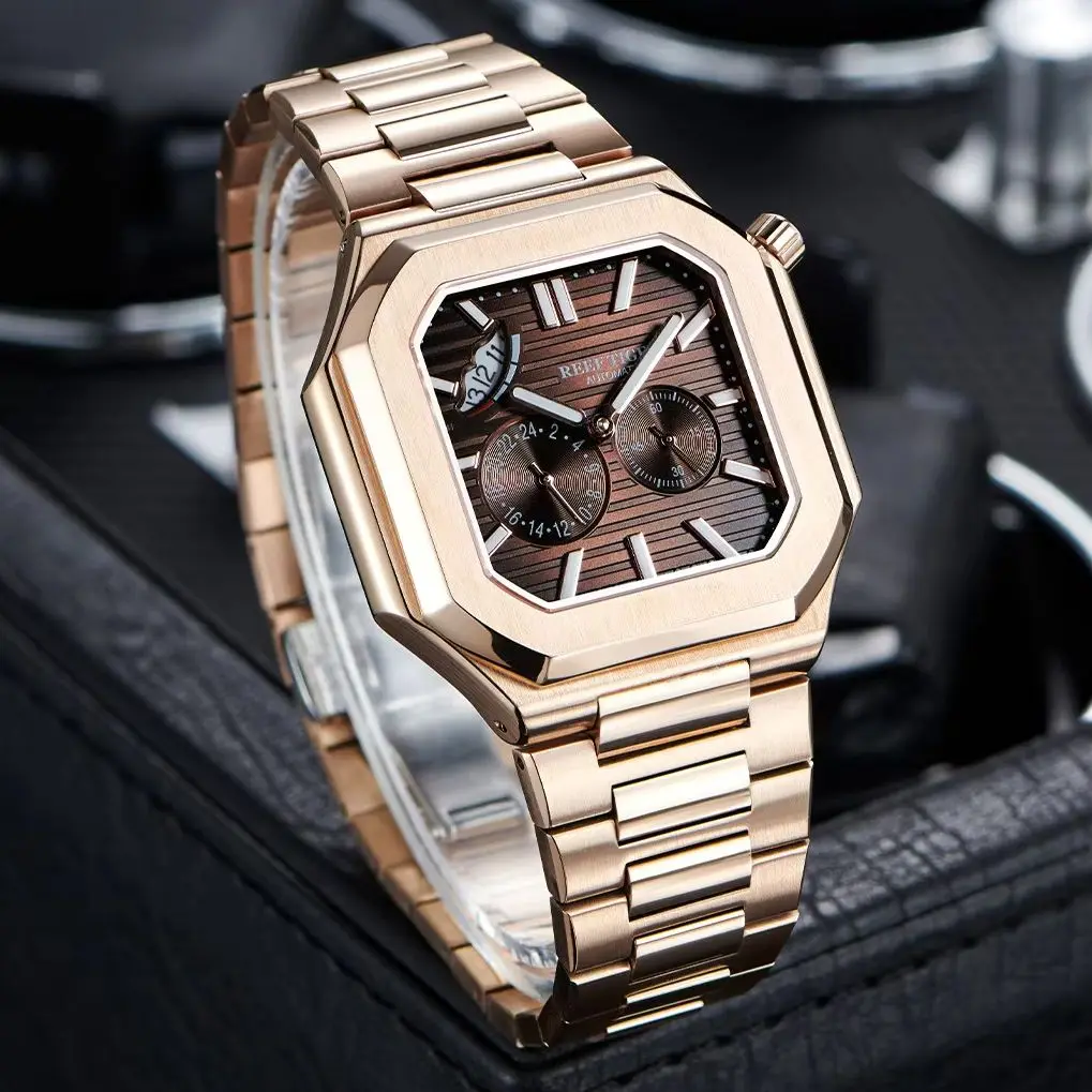 Reef Tiger Men Automatic Watch 44mm Square Mechanical Wristwatch Sapphire Mirror Luminous Waterproof Power Reserve Date 24 Hours
