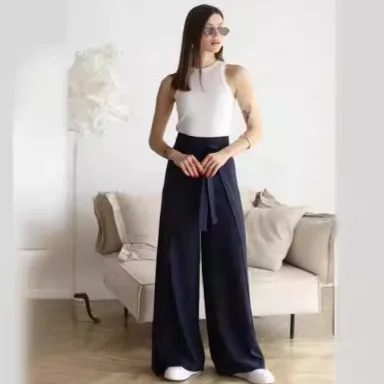 2025 Summer Solid Color Fashion Lace-up Wide-leg Culottes Women's New European and American