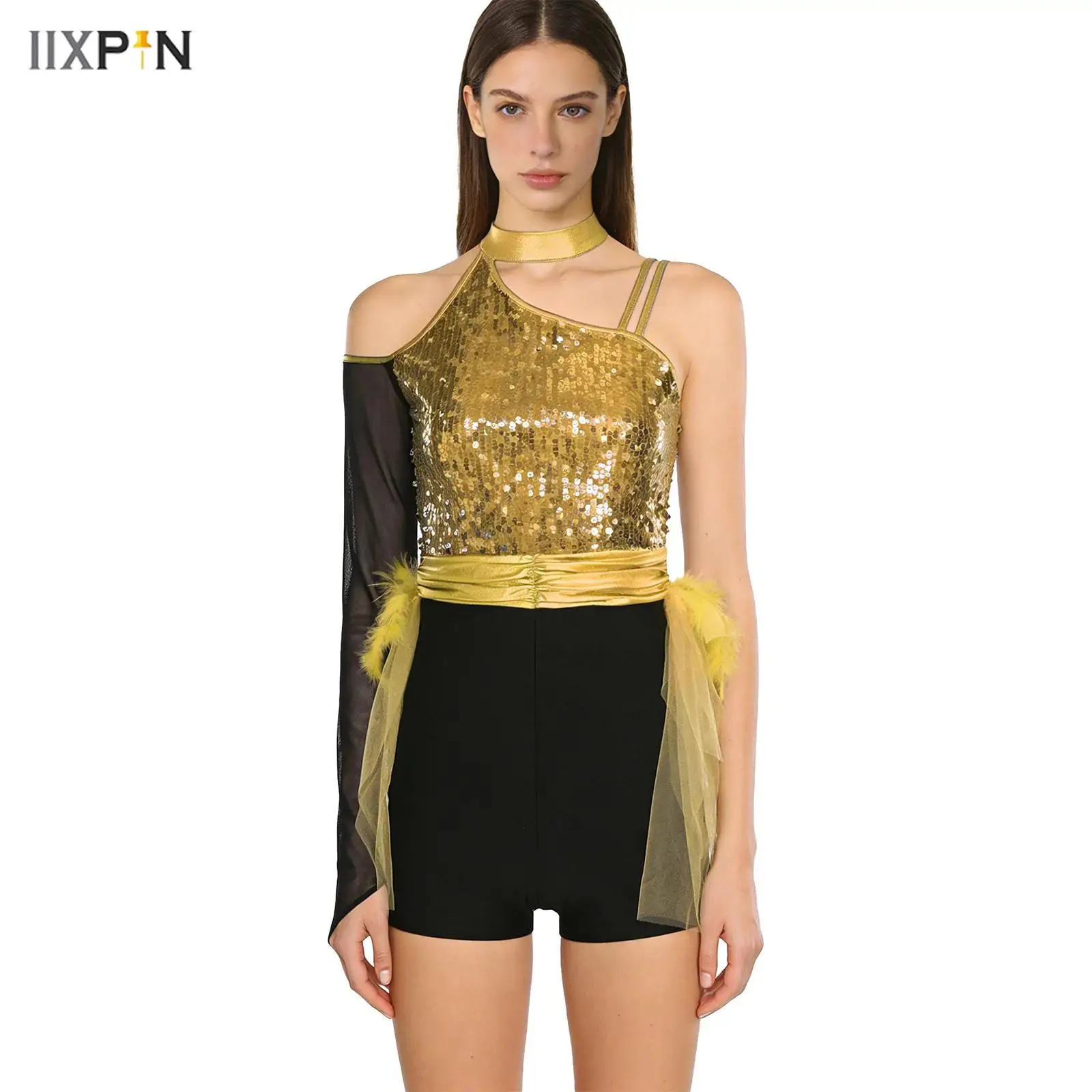 

Womens Spanish Dance Bodysuit One Shoulder Long Sleeve Shiny Sequin Feather Tiered Tulle Rompers Jumpsuit for Latin Chacha Jazz