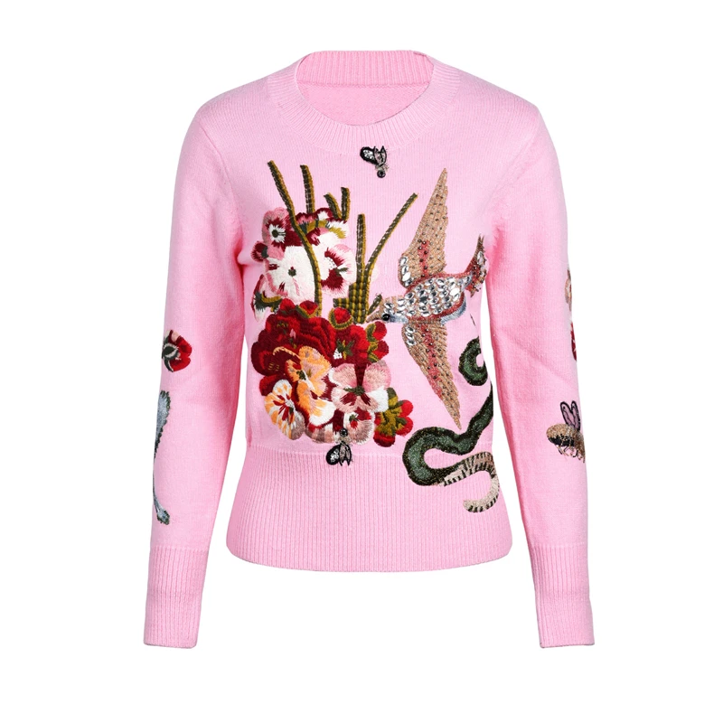 Runway Luxury Sweater Women Embroidered Sequin Beaded Rhinestone Flower Bird O-Neck Sweater Blue Pink Clothes Spring New