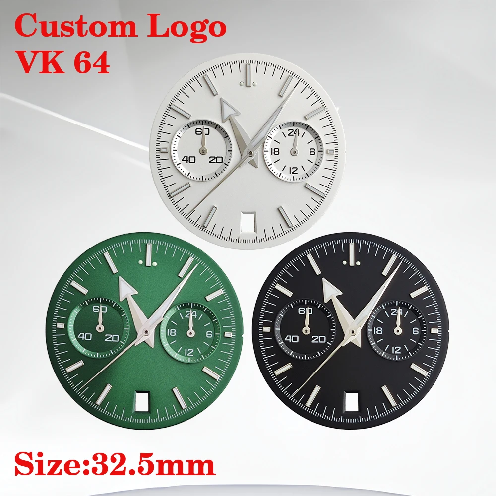 32.5mm VK64 Timing Dial, Sterile Dial, Custom Logo, Green Illuminated Dial, Watch Accessory Suitable for VK64 Quartz Movement