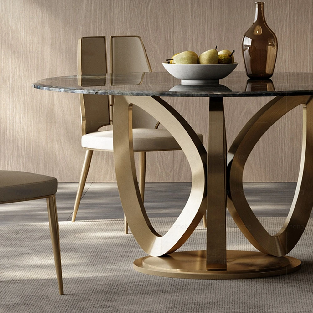 Luxury Gold Stainless Steel Dining Table Glam White Round Marble Dining Table