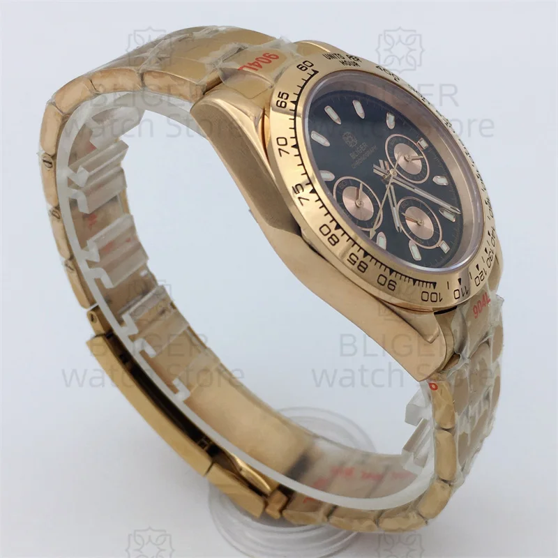 BLIGER jam tangan pria kristal safir 39mm, arloji bisnis kronograf kuarsa emas mawar modis mewah Dial hitam bercahaya gerakan VK63