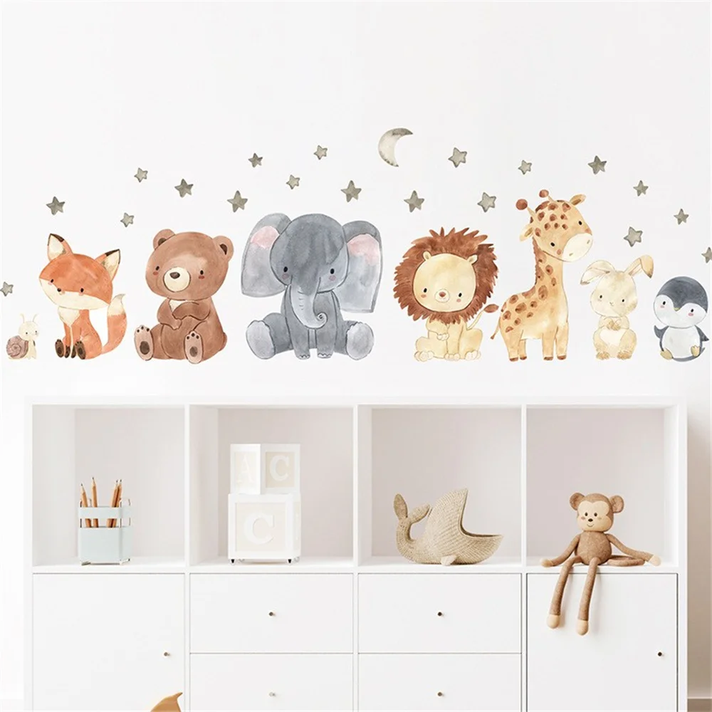 Cartoon Cute Africa Animals Wall Stickers Elephant Giraffe Bear Fox Kids Room Kindergarten Home Decoration