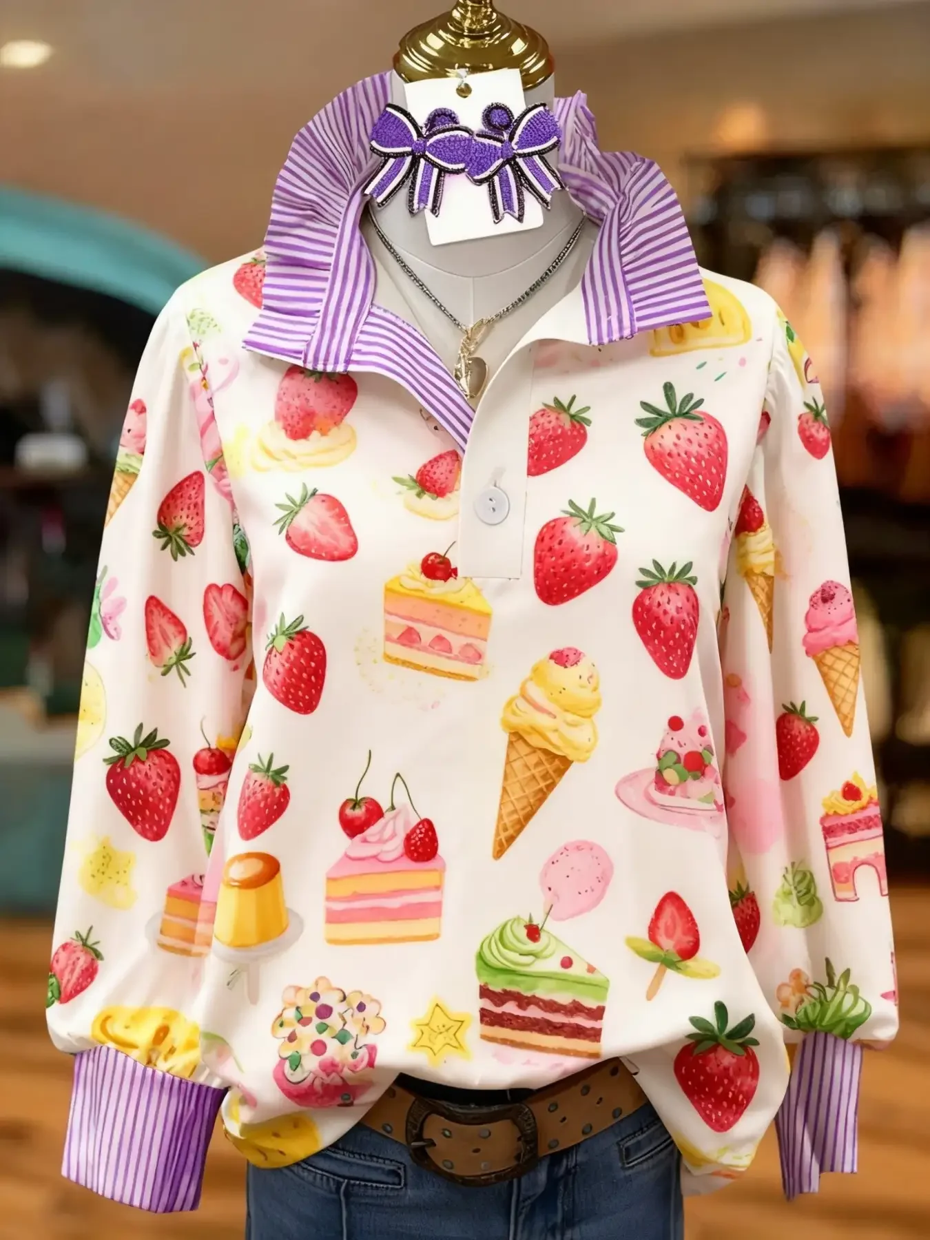 Women's Plus Size Long Sleeve Stand Collar Shirt with Creative Print for Spring, Perfect for Vacation Travel 