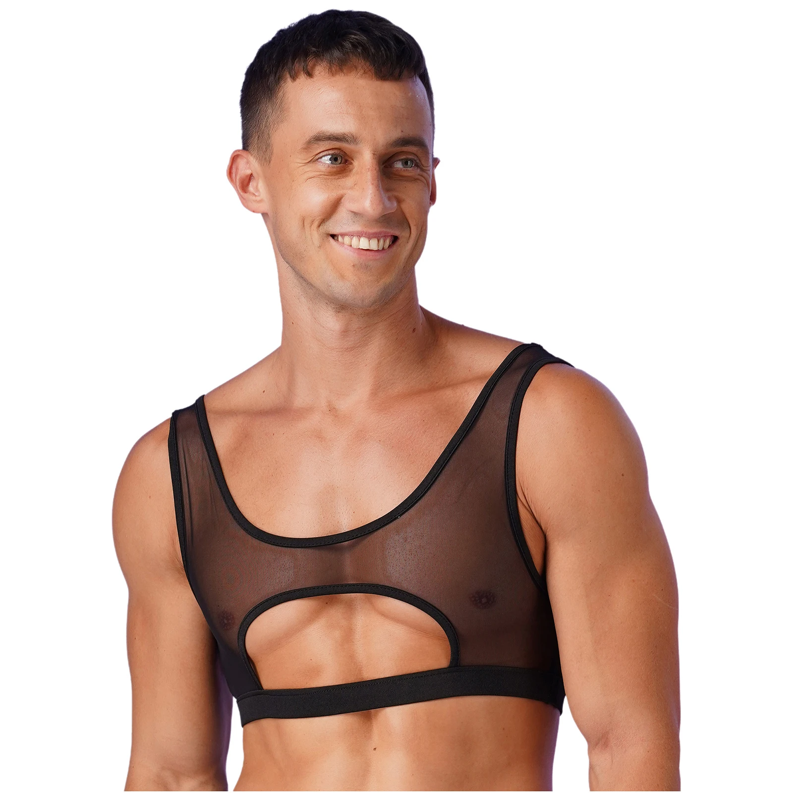 

Sexy Man Transparent T-shirts Sheer Mesh Crop Tops Vest Tanks Sleeveless Sports Muscle Undershirt U Neck Vests Tee For Male