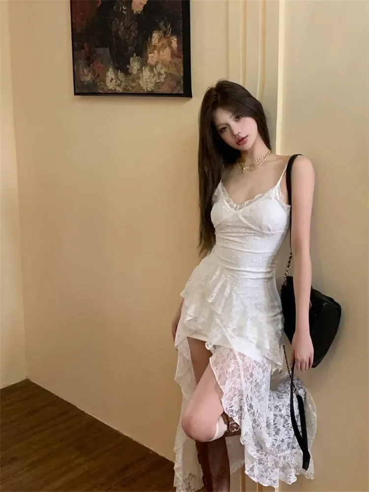 Summer Holiday French White Lace Irregular Slip Dress Summer Vacation Beach Strap Skirt Sexy Chic V Neck Sleeveless Fairy Dress
