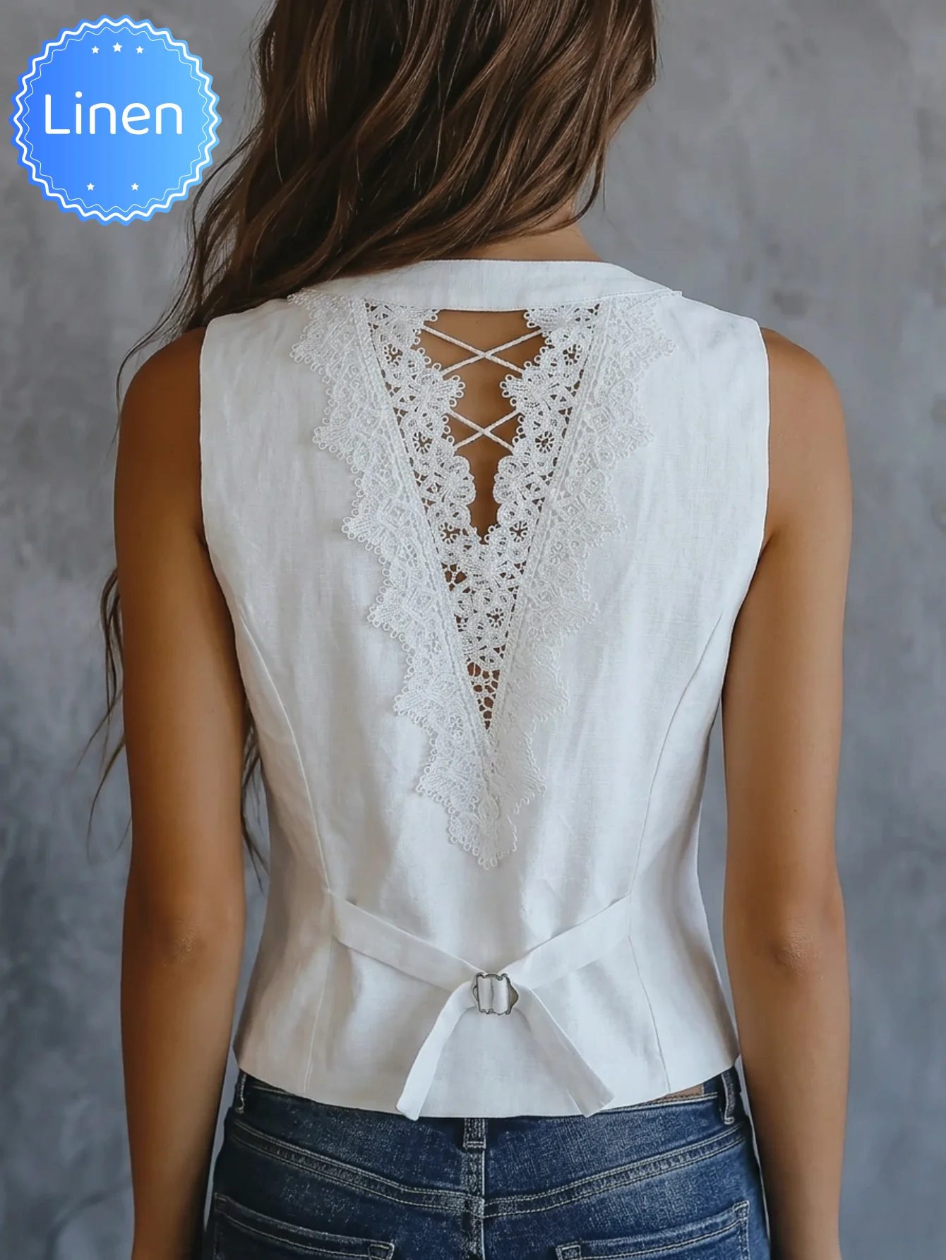 

Women's Elegant Linen Vest, New Arrival for Spring Summer & Autumn, Simple Stylish with Lace Spliced Back, Sleeveless Vest, Vers