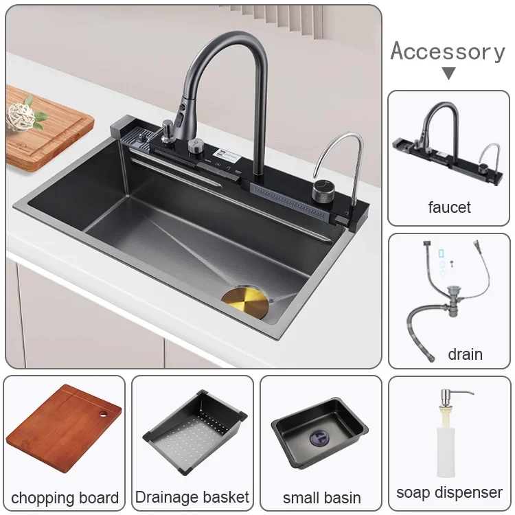 2023 New Trend Tiktok Smart Kitchen Sink With Waterfall Digital Piano Key 304 Stainless Steel Multi-functional Kitchen Sinks