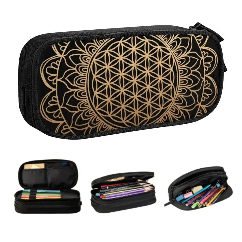 Cute Flower Of Life Mandala Black Gold Pencil Cases for Girl Boy Large Capacity Sacred Geometry Pencil Box School Accessories