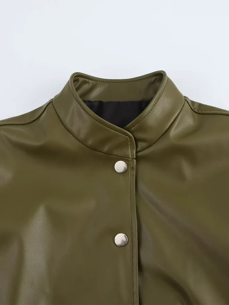 European style new women's fashion versatile temperament pocket imitation leather pilot long sleeve jacket