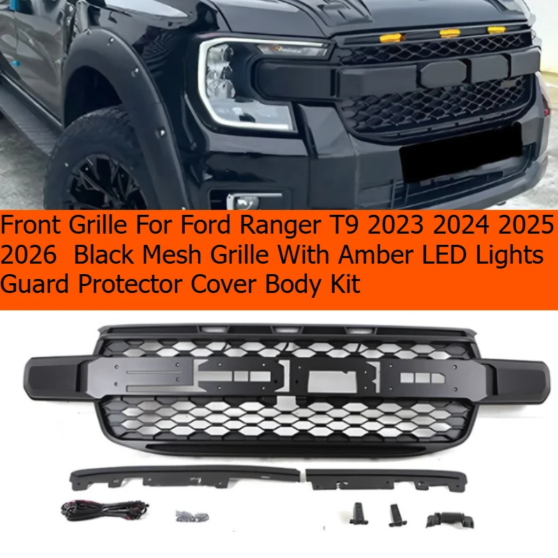 Frontgrill für Ford Ranger T9 2023 2024 2025 2026 Schwarzer Mesh-Grill Schutzabdeckung Karosserie-Kit
