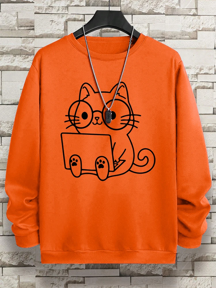 Gentleman Cat At Work Print Man Sweatshirt Hip Hop Loose Hoodie Autumn New Hoody Fashion Streetwear Pullover O-Neck Menswear