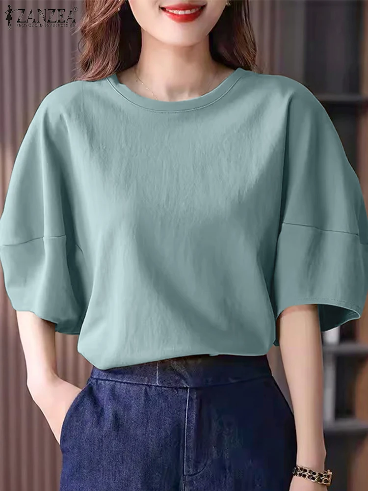 ZANZEA 2025 Zomer Bladerdeeg Mouw Elegante Blouse Vrouwen Basic Ronde Hals Tops Blusas Solid Holiday Shirts Casual Losse Tunieken Femme