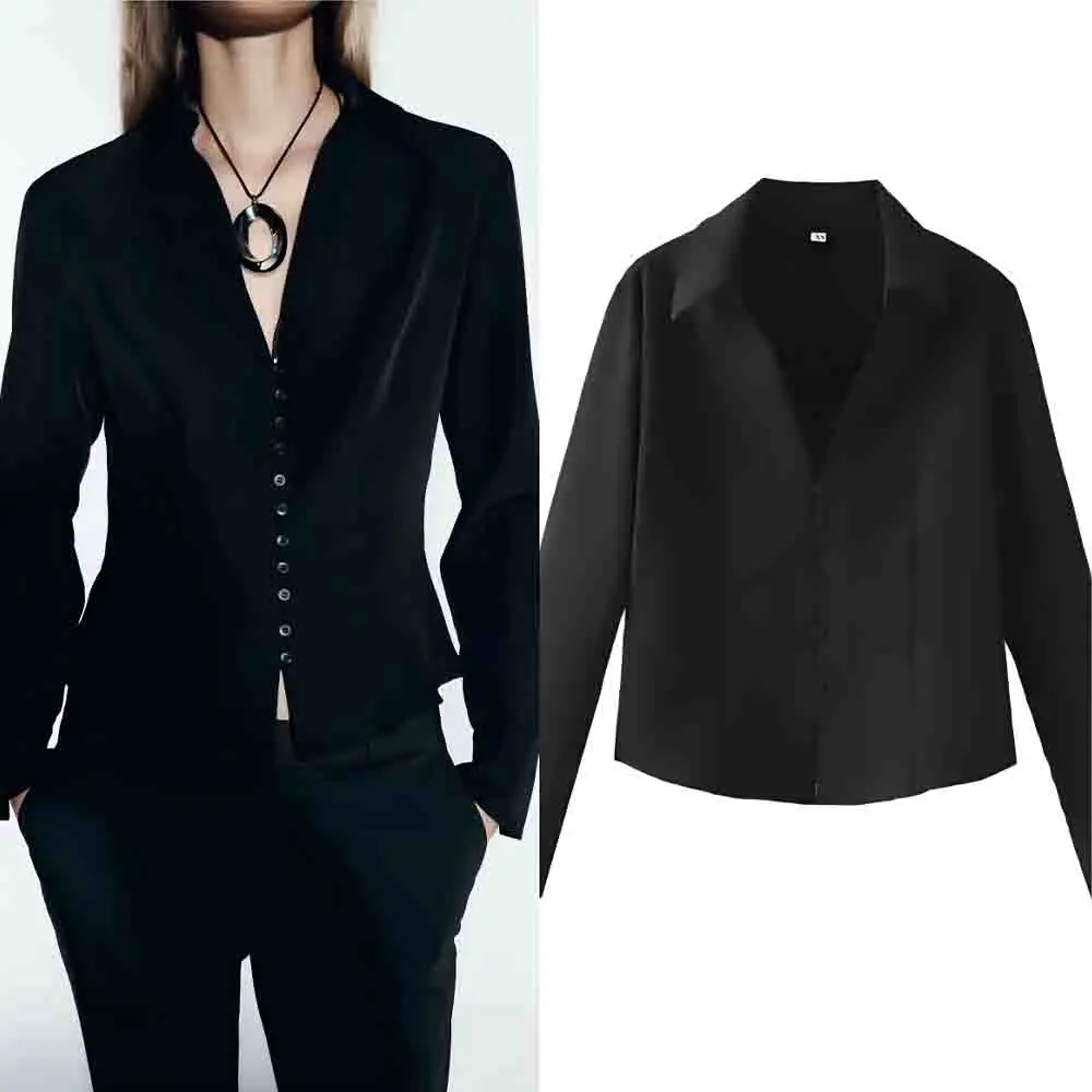 

Women's 2025 new fashion Button-up decoration black slim short Lapel shirt retro long sleeved women's shirt chic top