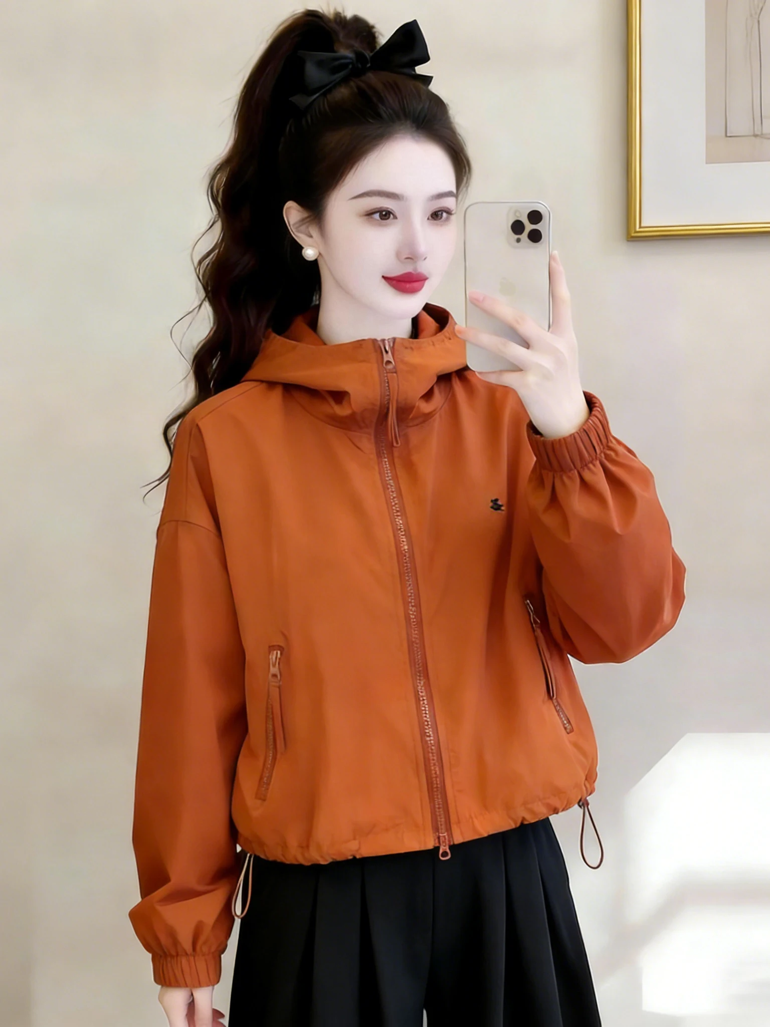 Black Hooded Jacket Short Style Women's Pure Color Spring Autumn New Arrival Commute Style Loose Fit Long Sleeve Zipper
