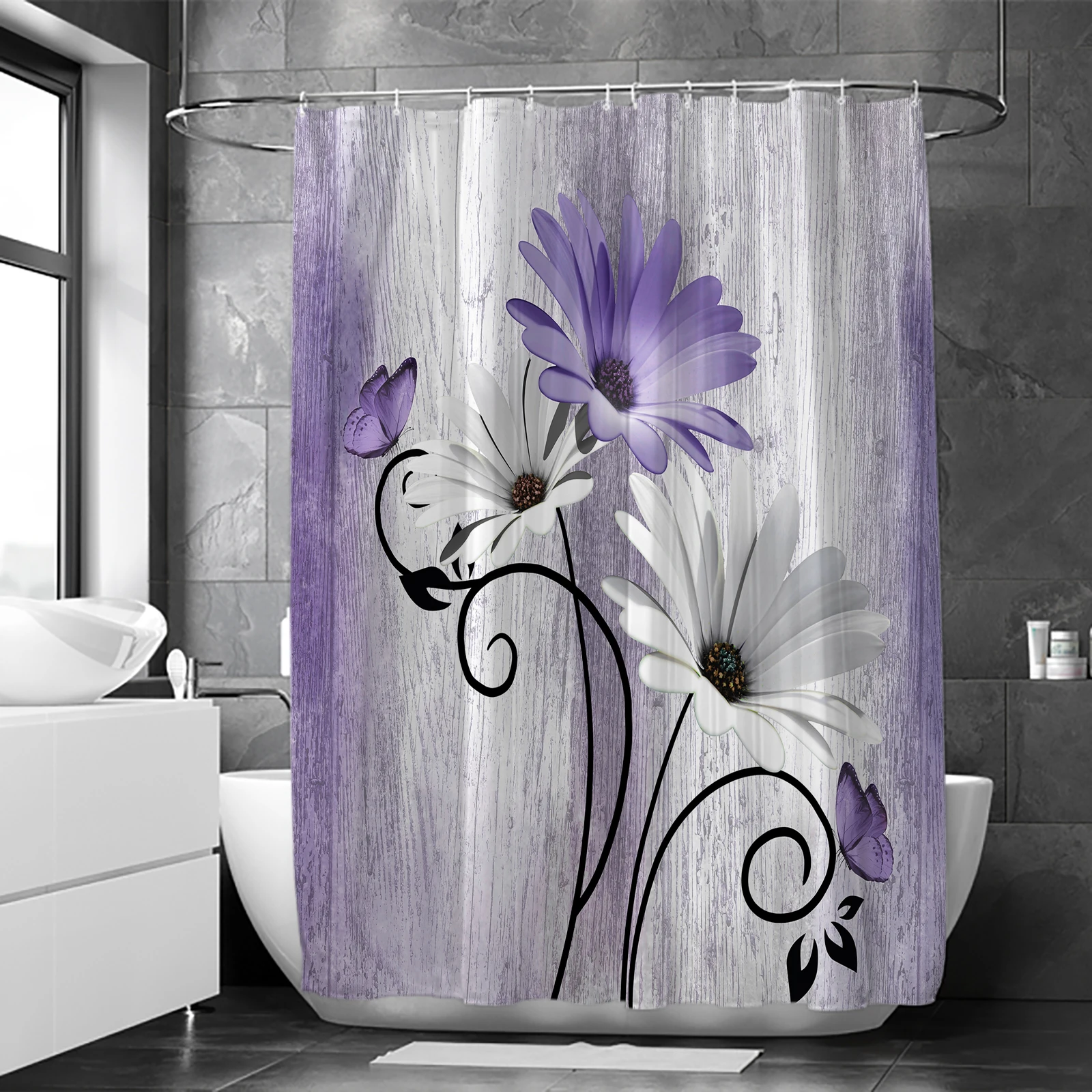 Daisy plant floral print shower curtain modern nordic minimalist polyester home décor bathroom curtain with hooks