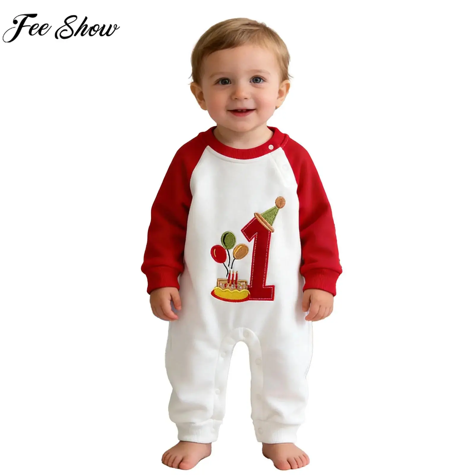 

Infant Boys Girls 1st Birthday Romper Long Sleeve Round Neck Embroidery Button Crotch Jumpsuit for Cake Smash Party Photography