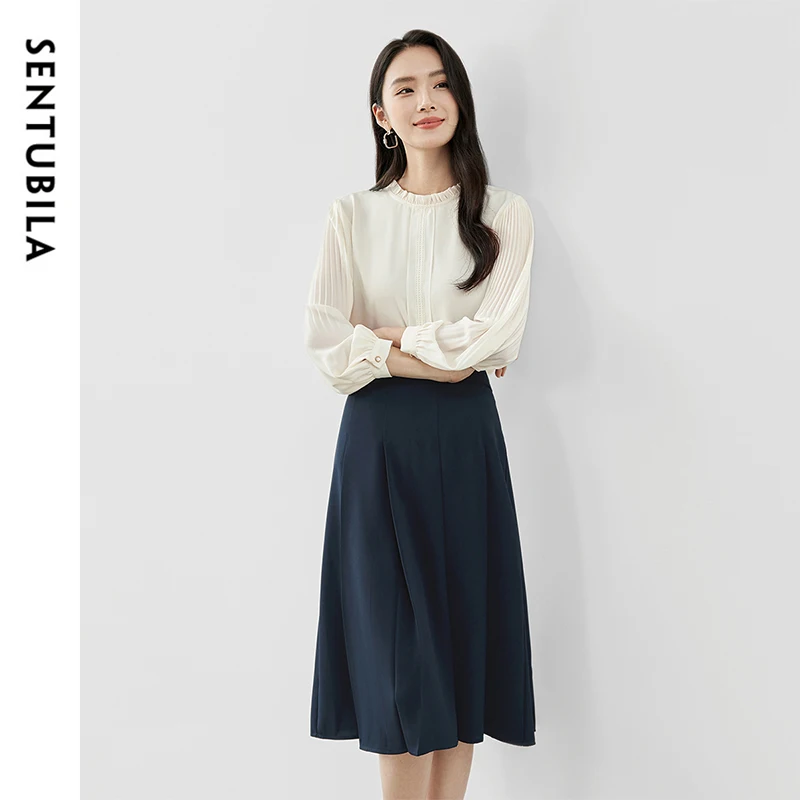 

SENTUBILA Women's Two Pieces Set Puff Sleeve Chiffon Blouse A-line Long Skirts New in Matching Sets 2024 Autumn New 143Z57794Z