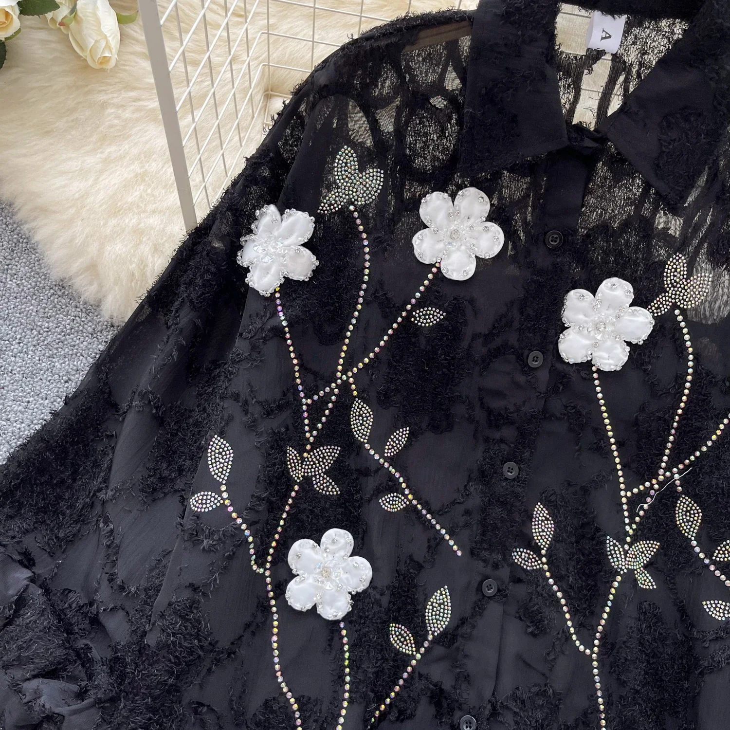 Vintage Turn-down Collar Embroidered Chic Rhinestone Three-dimensional Floral Top Women Streetwear High Street Autumn Blouse