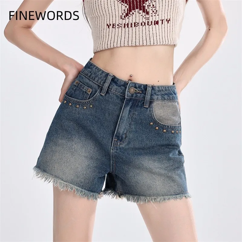 

FINEWORDS Vintage Tassel Summer Denim Shorts Women High Waist Jeans Shorts Streetwear Korean Loose Wide Leg Shorts