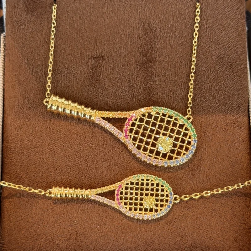 Cameo S925 sterling silver dopamine colored rainbow zircon tennis racket necklace bracelet set sporty style unique jewelry