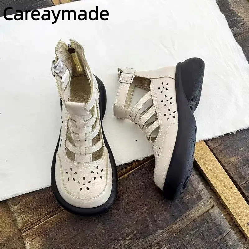 

Careaymade-Handmade Retro thick soled big toe women's shoes,hollowed out breathable summer sandals,casual short tube mesh boots