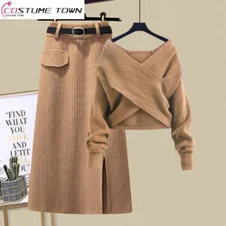 Large Women's Spring Set Women's 2023 New Age Reducing Cross Knit Sweater Sweater Slim Half Skirt Two Piece Set