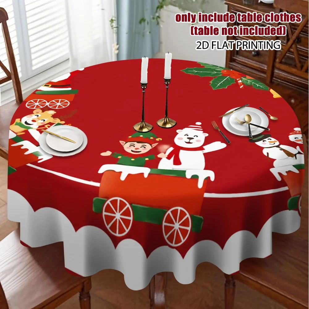 2D flat print, 1-piece Santa train pattern round tablecloth, suitable for a warm home dining environment