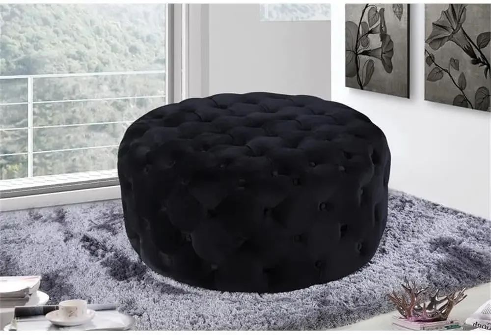 مجموعة أديسون الحديثة |   مسند / مقعد منجد مخملي معاصر مع أزرار عميقة، إطار من الخشب الصلب، أسود