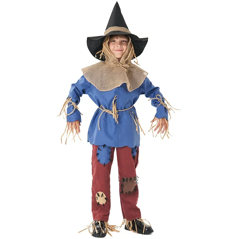 Umorden Unisex Child Kids Puppet Scarecrow Costume for Boys Girls Blue Top Pants Set Fantasia Halloween Stage Fancy Dress