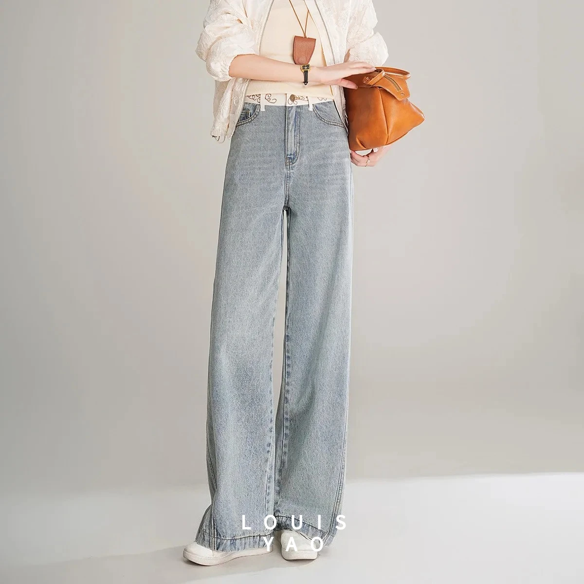 LOUISYAO Retro contrasterende kleur denim broek 2025, herfst, hoge taille, rechte pijpen, lange lengte, niet-stretch damesjeans